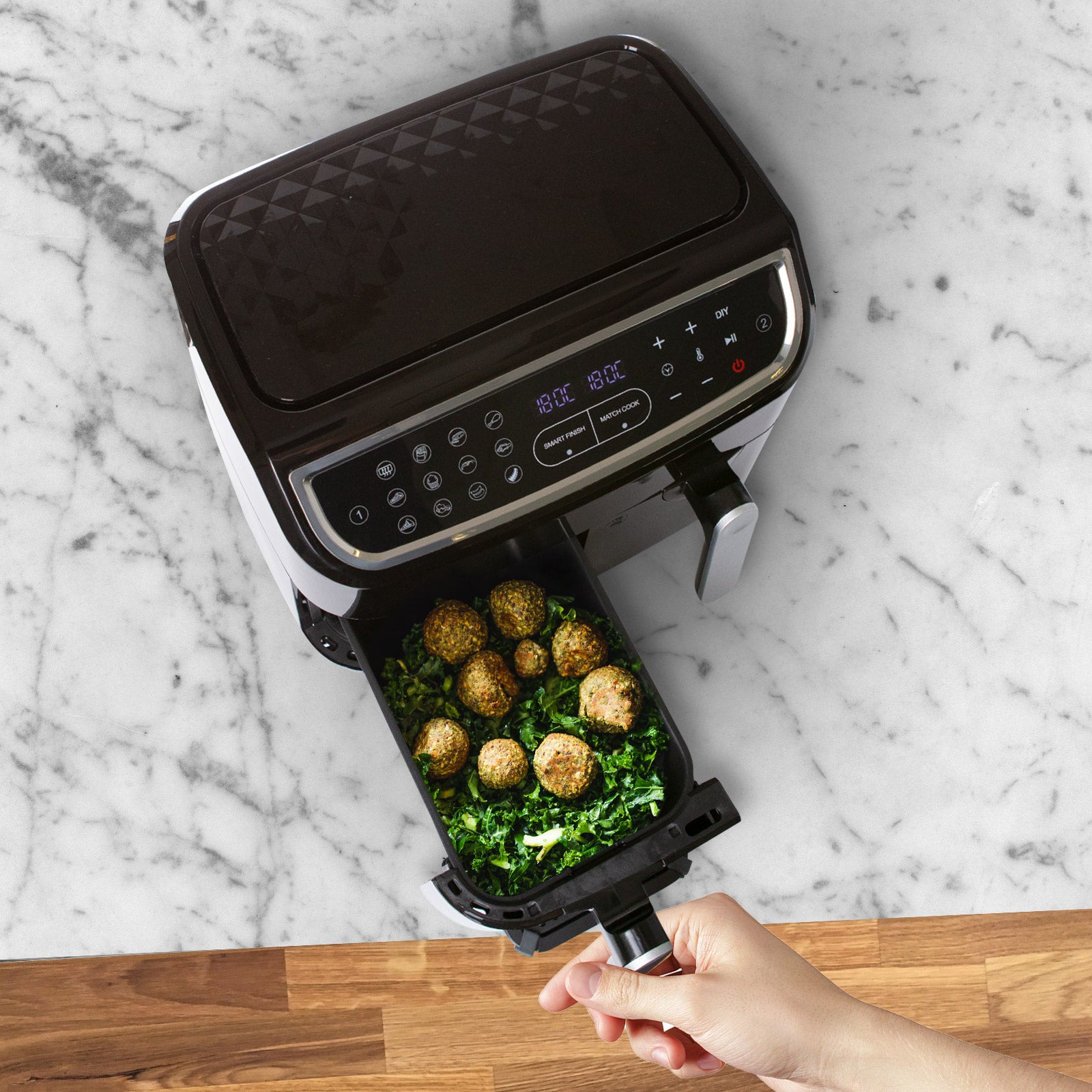 Kitchen Couture DUO 2-Basket Digital Air Fryer with LED display and two 4.5 litre baskets, showcasing its sleek black design.